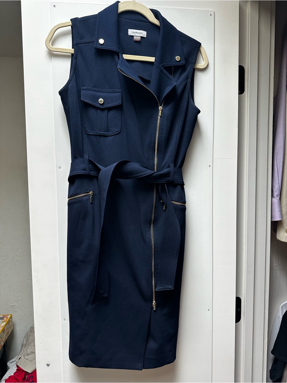 Calvin Klein Navy Sleeveless Zip-Belt Shirtwaist Dress